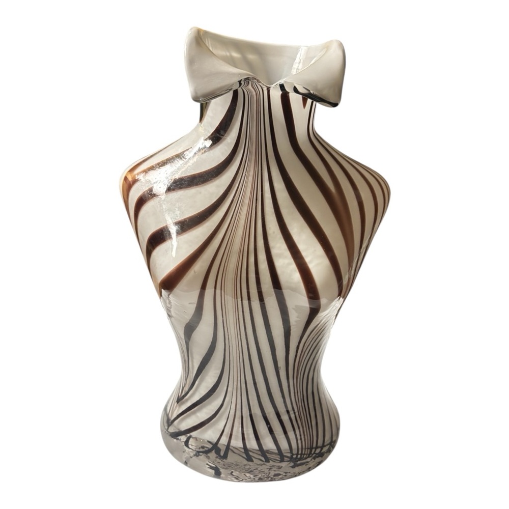 Handblown Murano Style White & Brown Woman’s bust Swirl Glass Vase - Stunning!